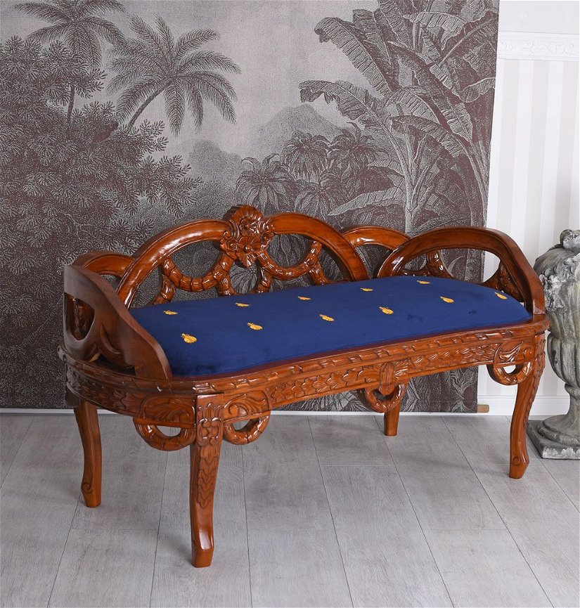 Sofa din lemn masiv mahon cu tapiterie din catifea albastra