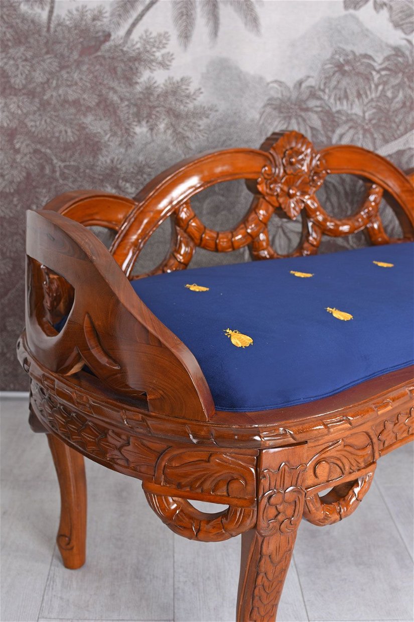 Sofa din lemn masiv mahon cu tapiterie din catifea albastra