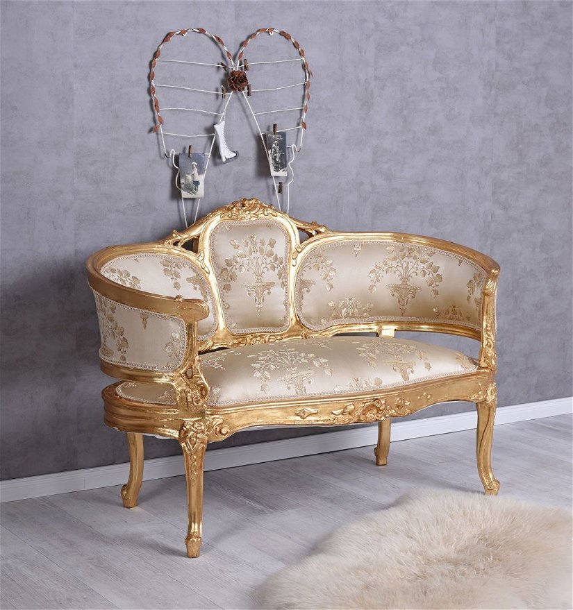 Sofa din lemn masiv auriu cu tapiterie aurie