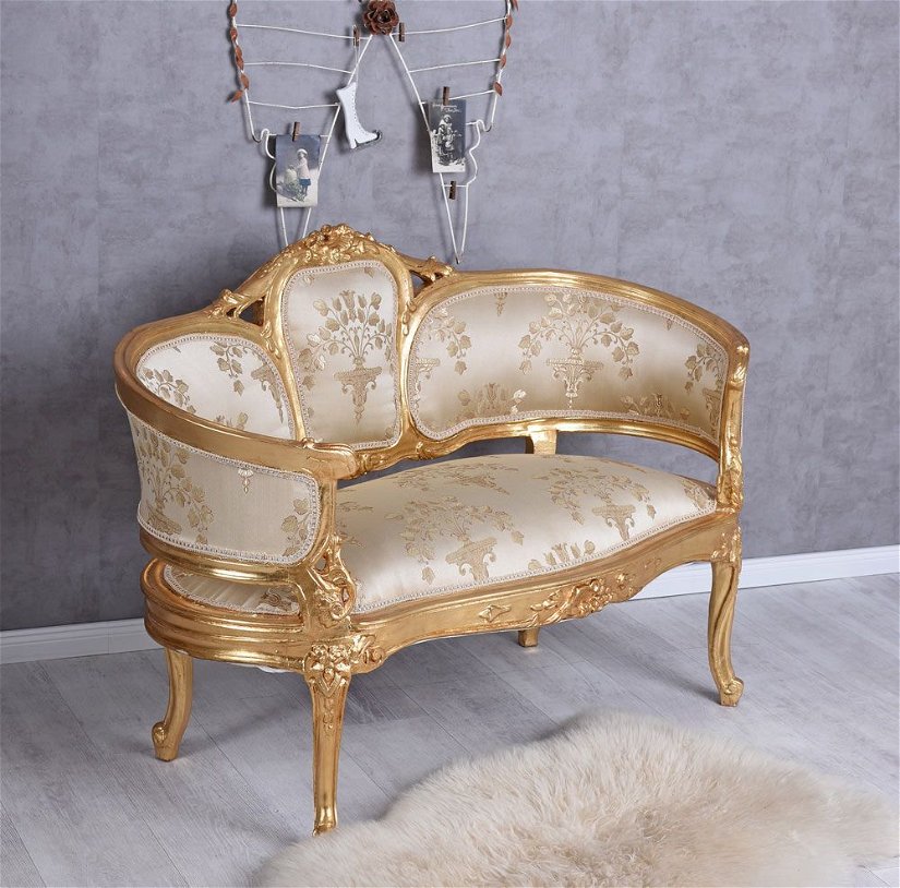 Sofa din lemn masiv auriu cu tapiterie aurie