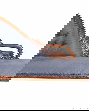 Sofa din lemn mahon cu capete de lebada si tapiterie gri soarece