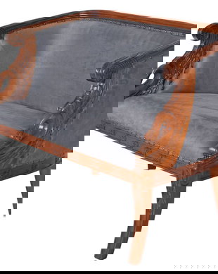 Sofa din lemn mahon cu capete de lebada si tapiterie gri soarece