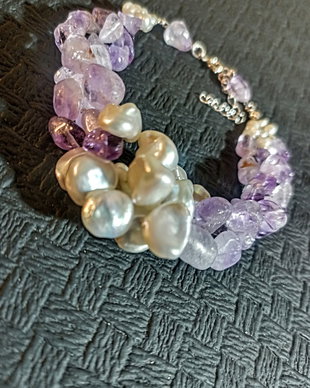 Bratara argint X3 ametist lavender perle naturale de cultura freeform baroc boho chic trendy -Transport gratuit