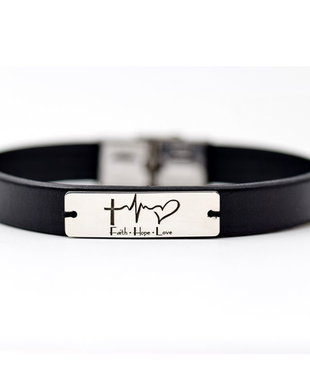 Bratara piele naturala Heartbeat / Faith Hope Love / placuta Argint 925