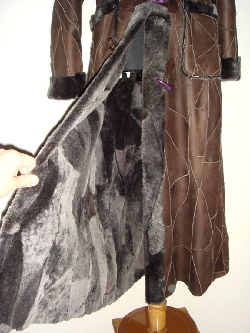 Palton nou, lung, superb, stil Alain Delon, din blana naturala si piele fina