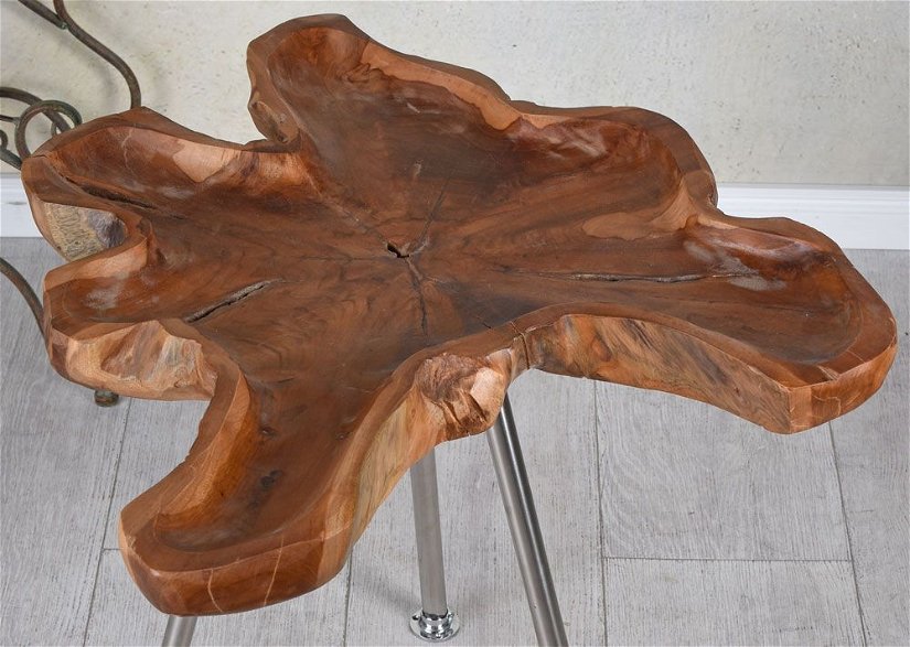 Masa deosebita din lemn masiv de tec cu trei picioare metalice