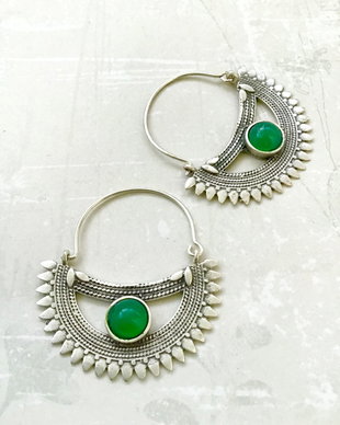 Cercei Boho Zamac argintat & Jad verde