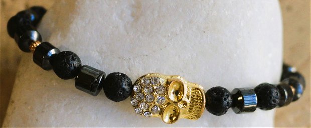 Bratara handmade din jasp si hematit si craniu metalic cu cristale/bratara unisex - tronul intelepciunii