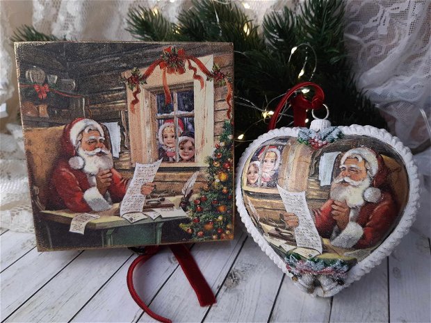 Set cadou Craciun, format din cutie si glob decorate manual