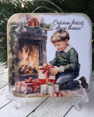 Felicitare din lemn, cu  mesaj pentru bunici - cadou de Craciun