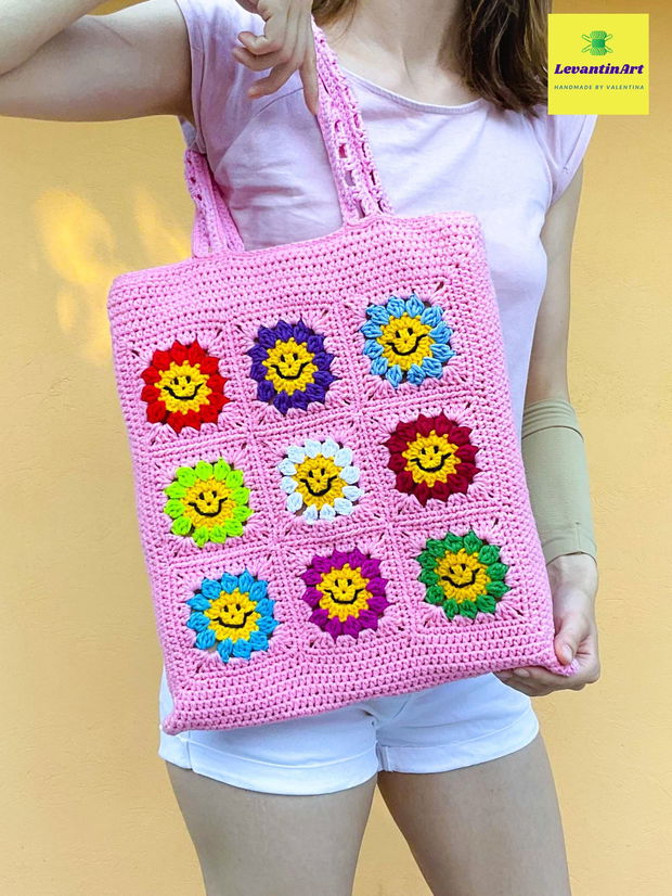 Happy Flowers - geanta tote roz. Culoare la alegere. Geanta handmade din bumbac. Geanta XL. LA COMANDA