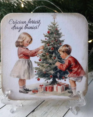 Felicitare din lemn, cu mesaj pentru bunici - cadou de Craciun