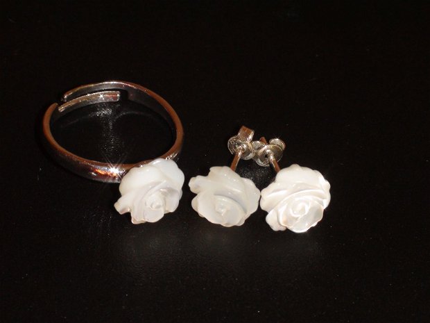 Inel si cercei din Argint 925 si Sidef alb - IN342, CE342 - cadou pentru ea, cadou romantic, cercei sidef alb, inel pietre semipretioase, inel cercei mireasa