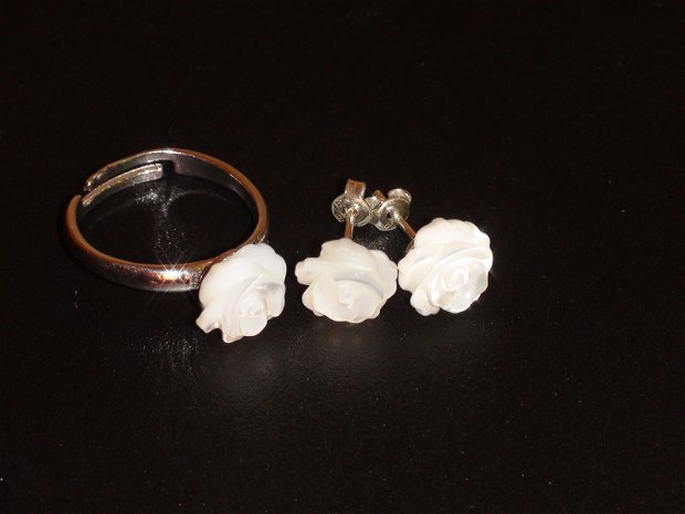 Inel si cercei din Argint 925 si Sidef alb - IN342, CE342 - cadou pentru ea, cadou romantic, cercei sidef alb, inel pietre semipretioase, inel cercei mireasa
