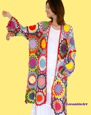 Cardigan croșetat Curcubeu  handmade unicat | bumbac & acril | mărime universală M-XL