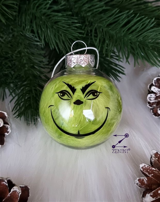 Glob Grinch cu pene, ornament Grinch cu pene, ornament Craciun Grinch, glob verde Grinch, decoratiune Grinch