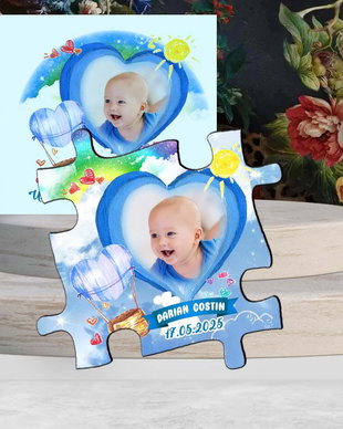 Magnet piesa puzzle, marturie botez, balon aer cald bleu, plic inclus