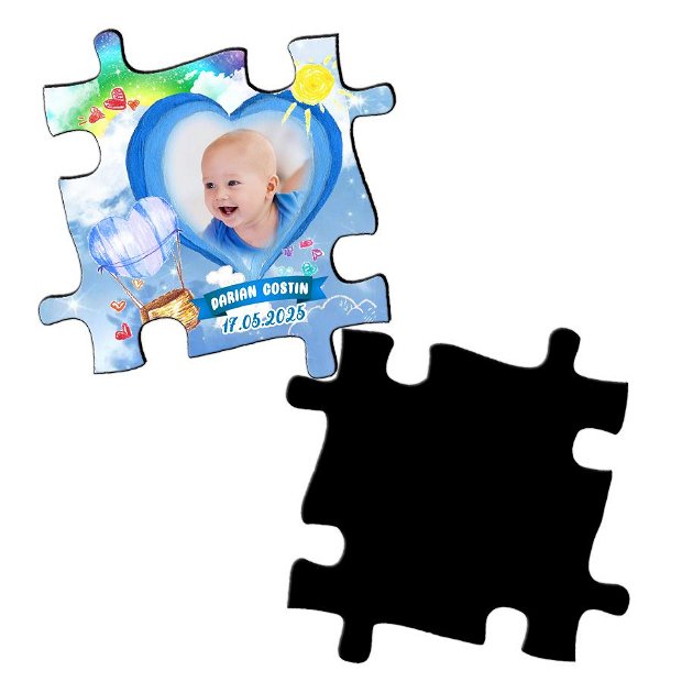 Magnet piesa puzzle, marturie botez, balon aer cald bleu, plic inclus