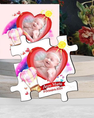 Magnet piesa puzzle, marturie botez, balon aer cald roz, plic inclus