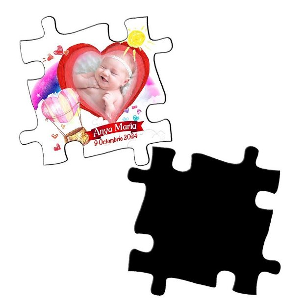 Magnet piesa puzzle, marturie botez, balon aer cald roz, plic inclus