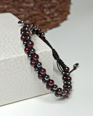 Brățări duble, unisex, cu pietre semiprețioase de granat si hematit negru, bratara talisman, bratara benefica.