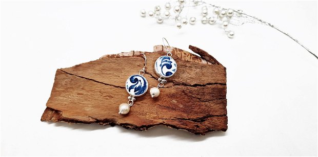 Cercei din argint, perle si fragment de portelan "Blue Wave"