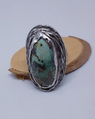 Inel unicat din argint fin cu cabochon oval de turcoaz verde iranian