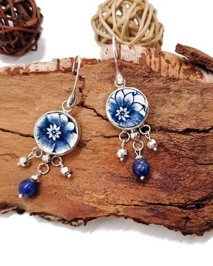 Cercei din argint, Lapis Lazuli si fragmente de portelan "Bright Flowers"