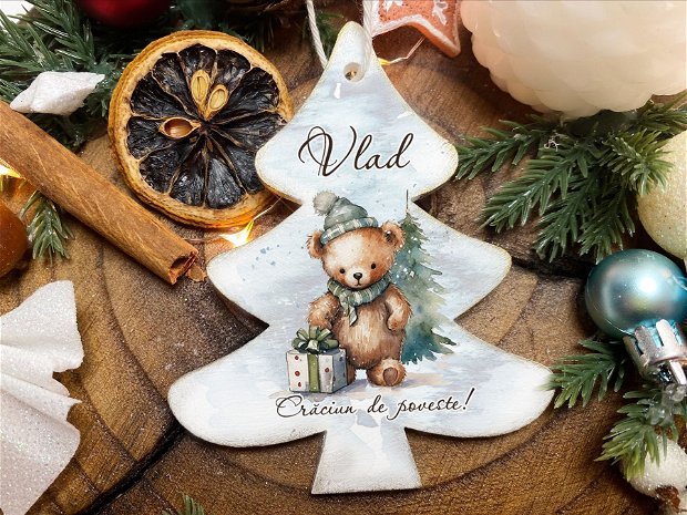Glob Craciun Personalizat din Lemn - Bradut - Christmas Teddy