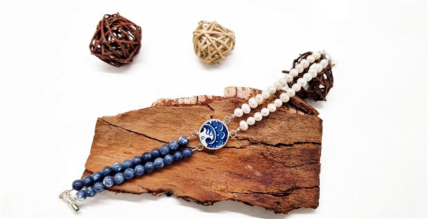 Bratara "Blue Wave" din argint, perle naturale, sodalit si fragmente de portelan