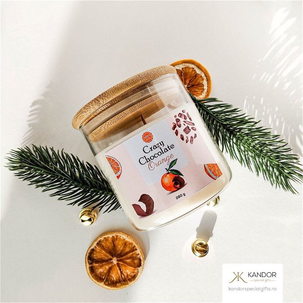 Lumânare parfumată Crazy Chocolate Orange , recipient din sticlă și capac bambus