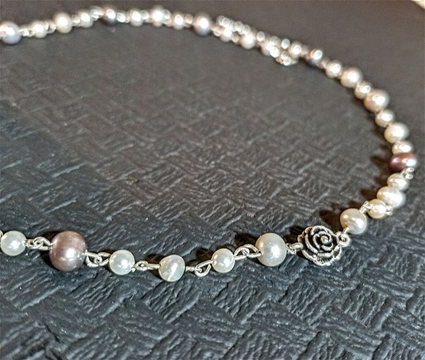 Colier argint perle naturale de cultura trandafir floare lant argint asimetric minimalist trendy romantic- Transport gratuit