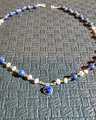 Colier argint lapis lazului perle naturale de cultura lant boho chic trendy- Transport gratuit