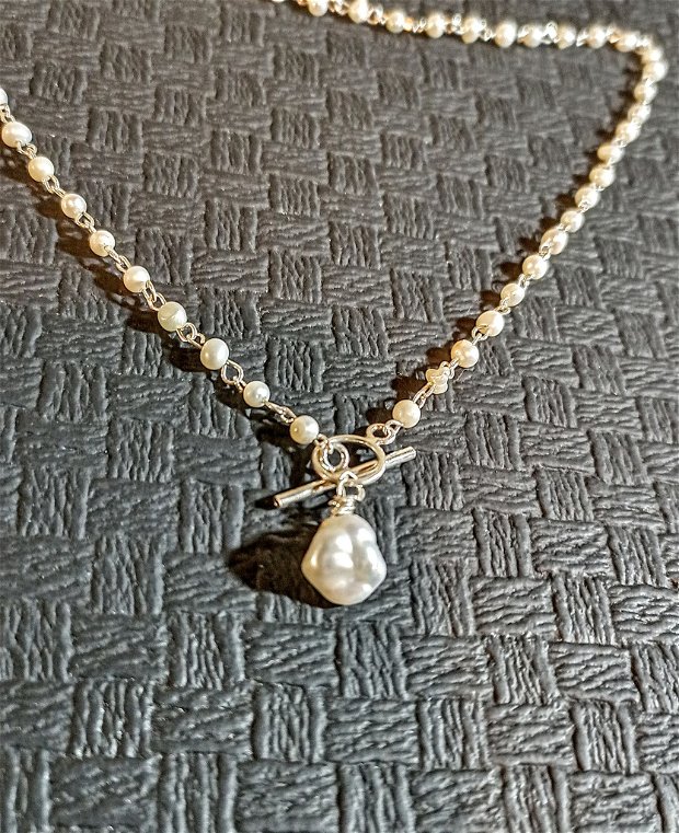 Colier argint perle naturale de cultura minimalist baroc toggle lant alb - Transport gratuit