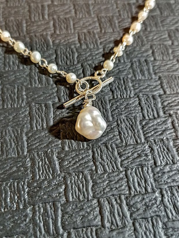 Colier argint perle naturale de cultura minimalist baroc toggle lant alb - Transport gratuit