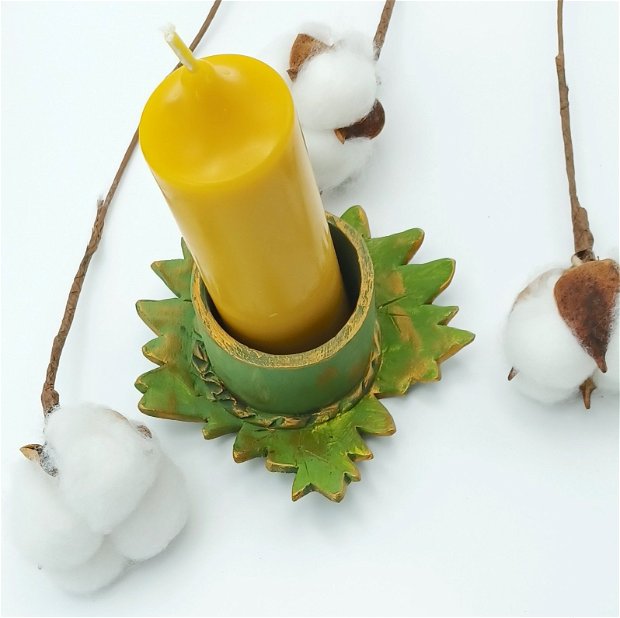 Lumanari din ceara naturala de albine, pentru sfesnic 3,5cm cu suport ceramic frunza de vita