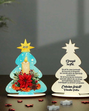 Felicitare lemn in forma de brad, cadou personalizat Craciun