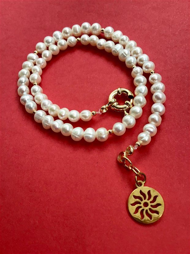 Colier CHOKER perle de cultura albe & soare stilizat