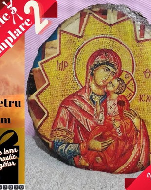 Icoană pe felie de lemn cu coajă - Maica Domnului cu Pruncul