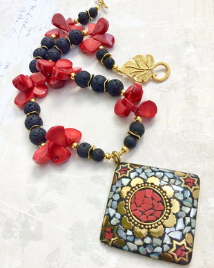 Colier Nepalez coral rosu & lava vulcanica neagra