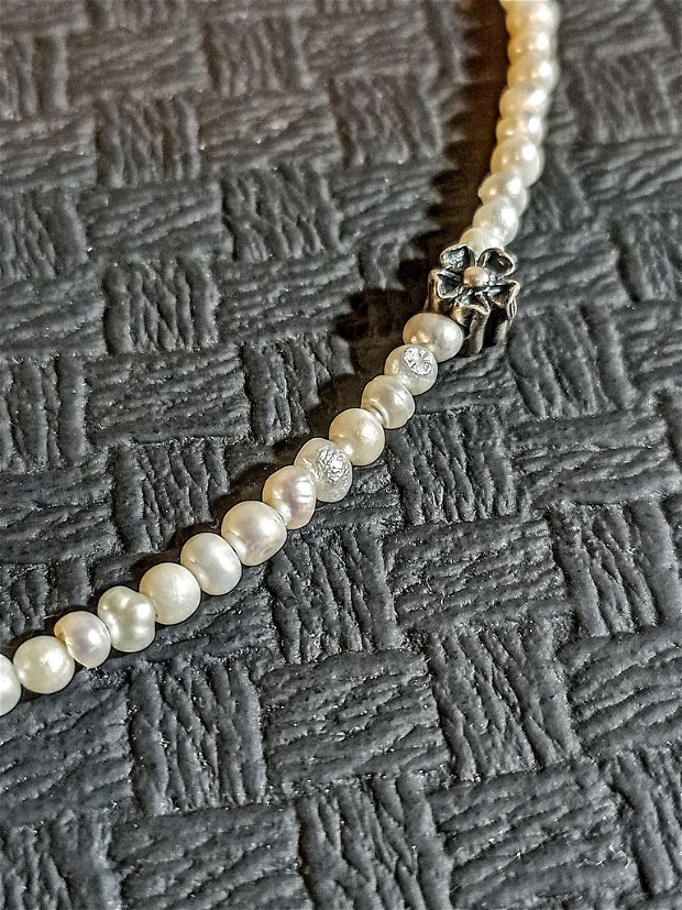 Colier argint perle de cultura naturale floare argint asimetric asperct vintage minimalist clasic Transport gratuit