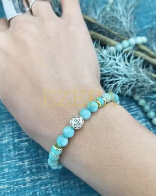 Bratara Cristale De Amazonit Si Jad Verde, Pentru Dama, Kaira , Cu Charm Auriu, Margele De 6mm