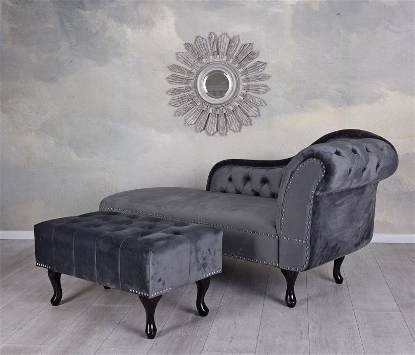 Sofa Chesterfield din lemn masiv negru cu tapiterie gri inchis