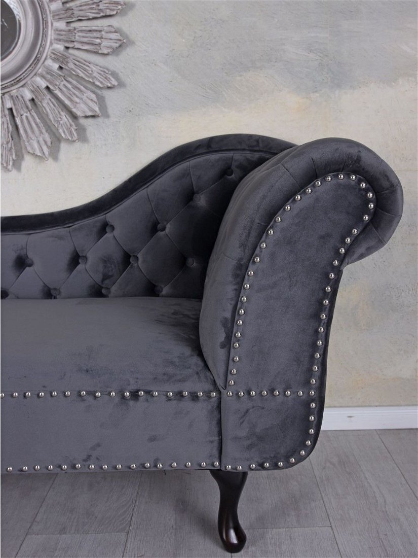 Sofa Chesterfield din lemn masiv negru cu tapiterie gri inchis