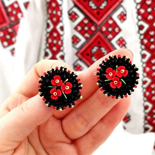 Cercei florali-Tradițional românesc - Negru