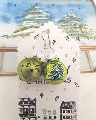 Cercei globuri verzi din sticla pictate manual Grinch