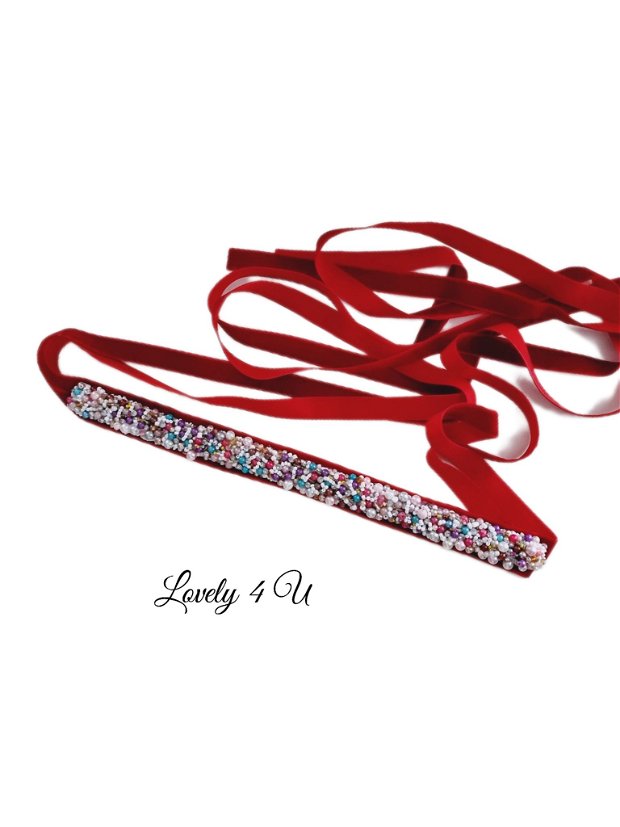 Cordon multicolor cu perle și catifea roșie- Brâu rochița
