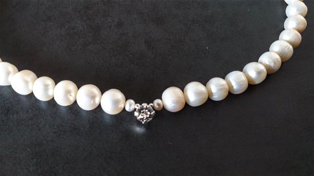 Colier argint, perle de cultură albe mari și cristal swarovski