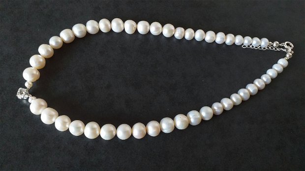 Colier argint, perle de cultură albe mari și cristal swarovski