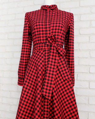 Rochie Camasa Stofa Carouri Rosu cu Negru